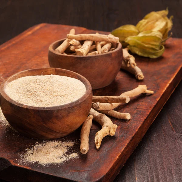 Racines d'ashwagandha et poudre d'ashwagandha dans des bols en bois