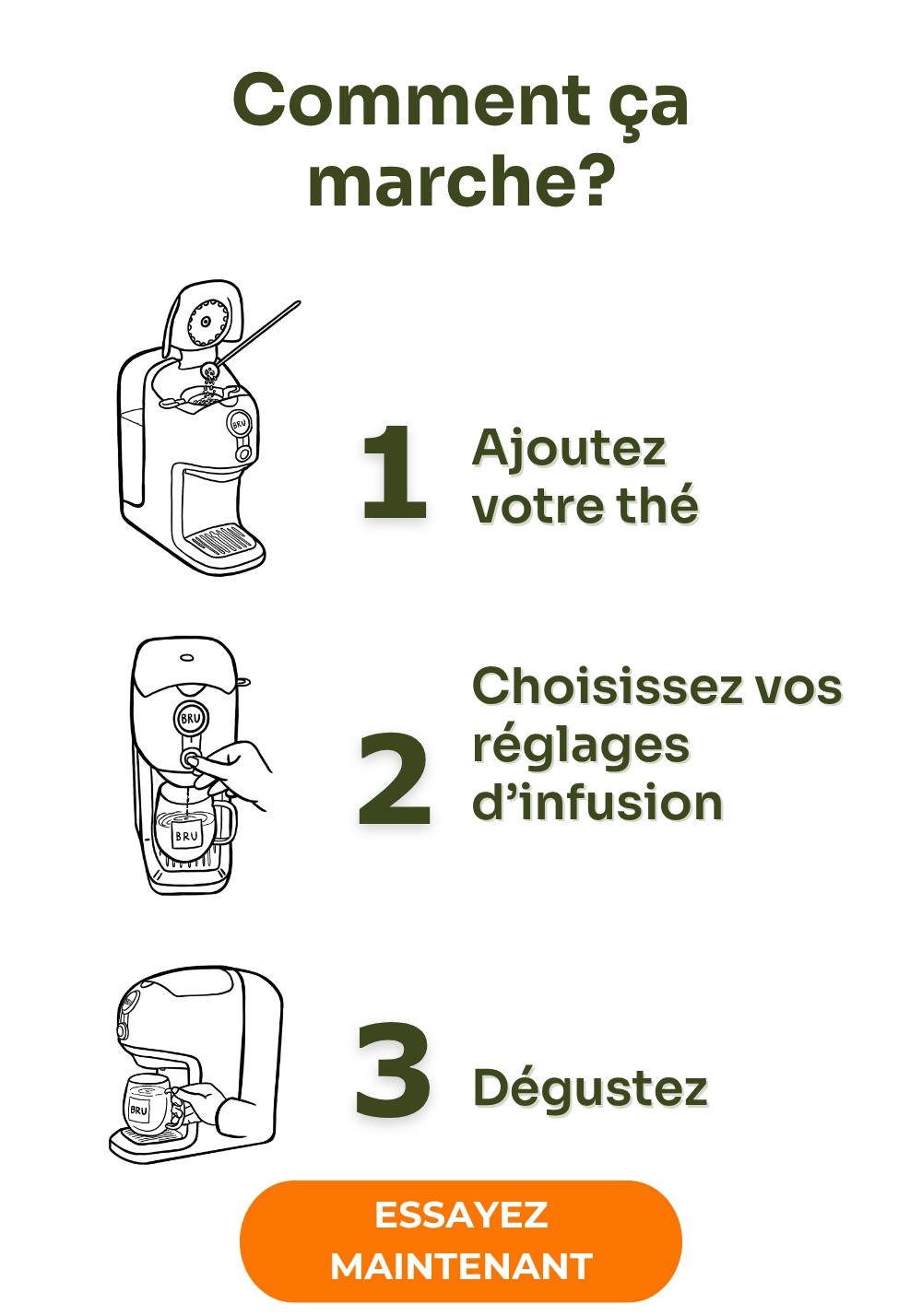 Comment cela fonctionne : ajoutez votre thé, sélectionnez votre réglage d'infusion, dégustez