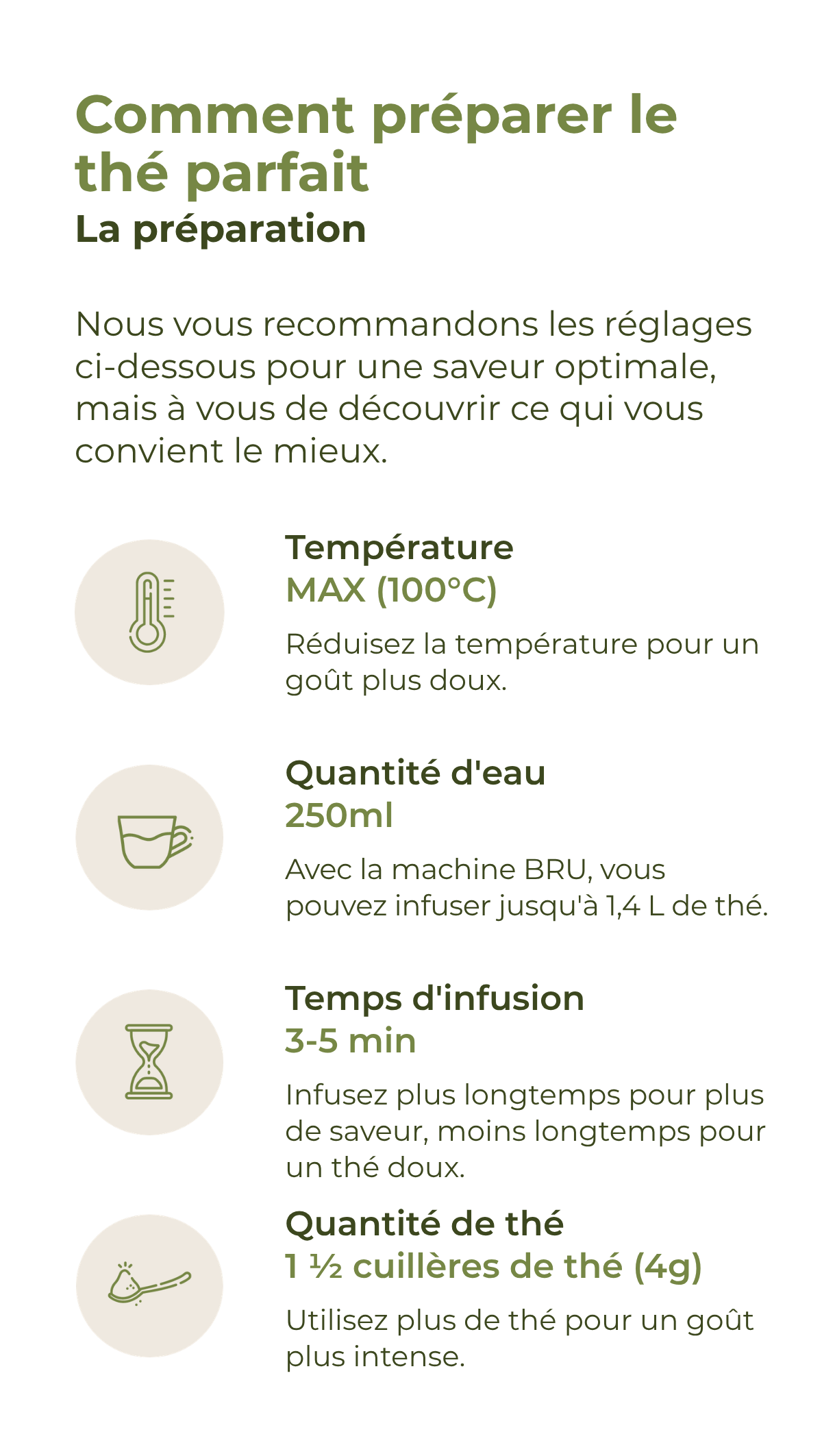 Préparation du thé noir Assam : 100 °C maximum, 250 ml d'eau, 3 à 5 minutes d'infusion et 1,5 cuillère de thé