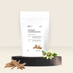 Sachet BRU Botanics N°02 Infusion d'ashwagandha, relaxation et équilibre, 30 sachets, présenté avec racines d'ashwagandha et fleur de passiflore.