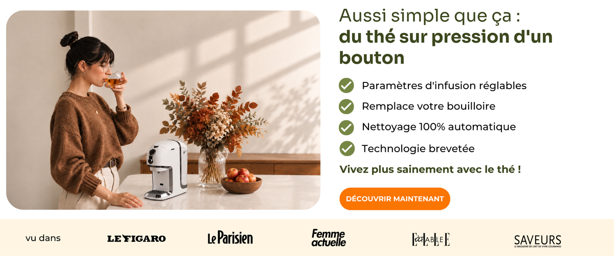 Vainqueur du test machines à thé Testvergleich.de 2025 : Machine à thé BRU : du thé sur pression d'un bouton, sans capsules. Paramètres d'infusion réglables, remplace votre bouilloire, nettoyage 100 % automatique, technologie brevetée, vivez plus sainement avec le thé. Cette semaine seulement : bon d'achat thé de 50 € offert. Vu dans Le Figaro, Le Parisien, Femme actuelle, ELLE à table et Saveurs.