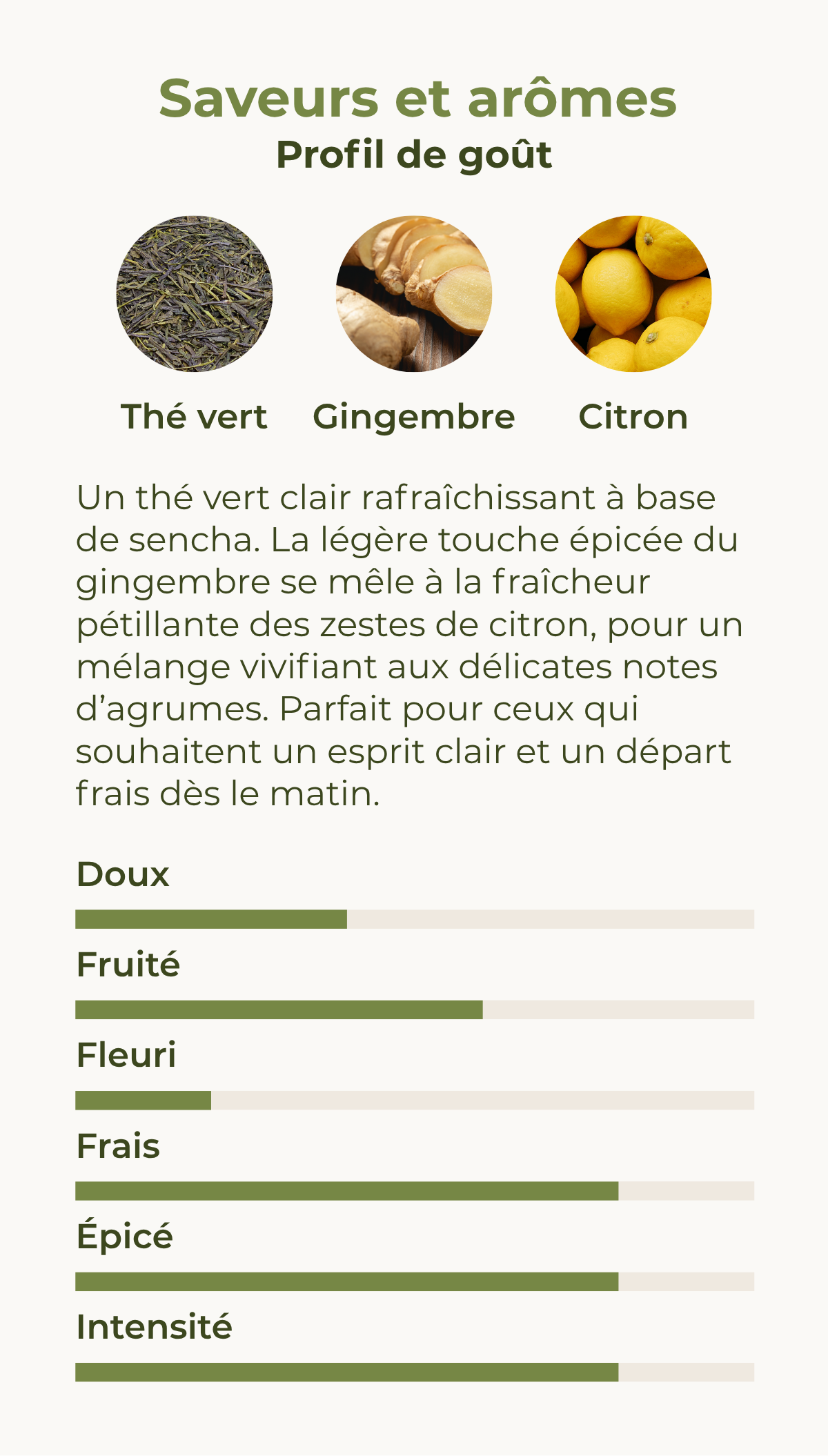 Profil de goût du thé énergisant Grüner Kick avec thé vert, gingembre et citron