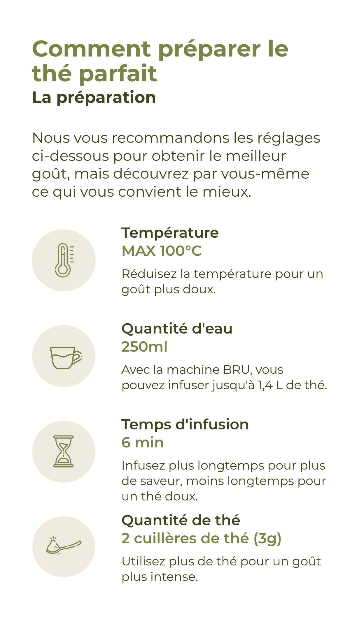Préparation du thé du soir : 100 °C maximum, 250 ml d'eau, 6 minutes d'infusion et 2 cuillères de thé