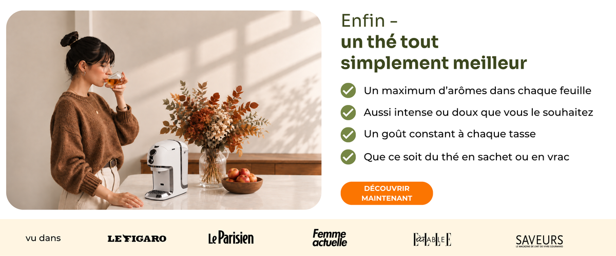 Vainqueur du test machines à thé Testvergleich.de 2025 : Machine à thé BRU : du thé sur pression d'un bouton, sans capsules. Paramètres d'infusion réglables, remplace votre bouilloire, nettoyage 100 % automatique, technologie brevetée, vivez plus sainement avec le thé. Cette semaine seulement : bon d'achat thé de 50 € offert. Vu dans Le Figaro, Le Parisien, Femme actuelle, ELLE à table et Saveurs.