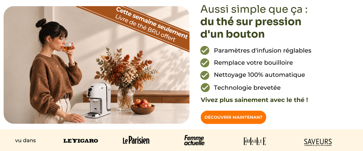 Vainqueur du test machines à thé Testvergleich.de 2025 : Machine à thé BRU : du thé sur pression d'un bouton, sans capsules. Paramètres d'infusion réglables, remplace votre bouilloire, nettoyage 100 % automatique, technologie brevetée, vivez plus sainement avec le thé. Cette semaine seulement : bon d'achat thé de 50 € offert. Vu dans Le Figaro, Le Parisien, Femme actuelle, ELLE à table et Saveurs.