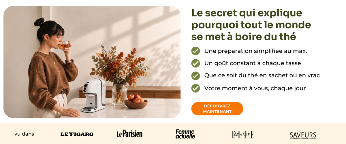 Vainqueur du test machines à thé Testvergleich.de 2025 : Machine à thé BRU : du thé sur pression d'un bouton, sans capsules. Paramètres d'infusion réglables, remplace votre bouilloire, nettoyage 100 % automatique, technologie brevetée, vivez plus sainement avec le thé. Cette semaine seulement : bon d'achat thé de 50 € offert. Vu dans Le Figaro, Le Parisien, Femme actuelle, ELLE à table et Saveurs.