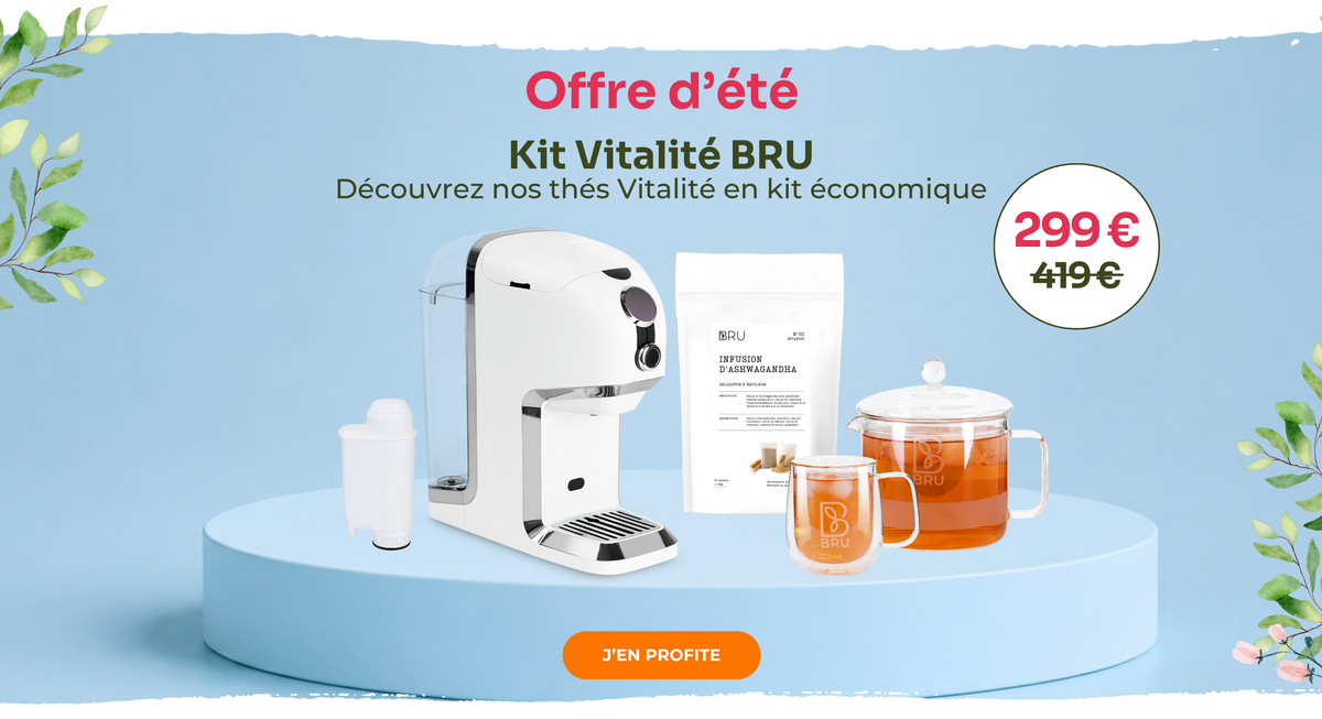 Offre d'été : Kit Vitalité BRU à 299 € au lieu de 419 €, avec machine à thé, filtre à eau, infusion d'ashwagandha, mug et pichet en verre