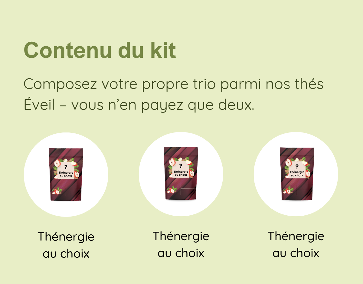 Contenu du kit : 3 thénergies au choix, vous n’en payez que deux
